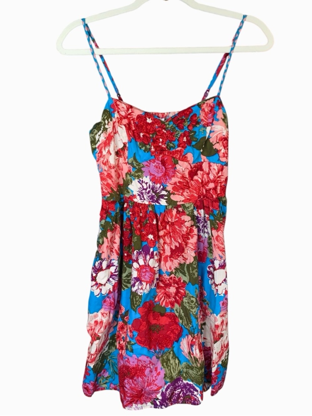 Xhilaration 100% Cotton Red/Blue Floral Boho Mini Dress, Size Medium